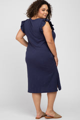 Navy Ruffle Sleeve Maternity Plus T-Shirt Midi Dress