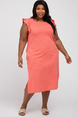 Coral Ruffle Sleeve Plus T-Shirt Midi Dress