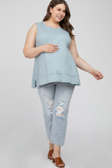 Light Blue Sleeveless Layered Hem Maternity Plus Top