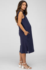 Navy Ruffle Sleeve Maternity T-Shirt Midi Dress