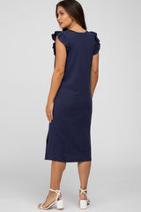 Navy Ruffle Sleeve Maternity T-Shirt Midi Dress