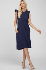 Navy Ruffle Sleeve Maternity T-Shirt Midi Dress