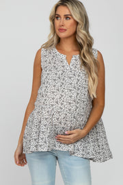 White Floral Split V-Neck Ruffle Hem Hi-Low Maternity Top