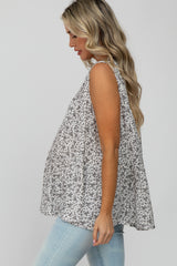 White Floral Split V-Neck Ruffle Hem Hi-Low Maternity Top