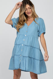 Blue Chambray Button Front Tiered Maternity Dress