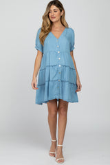 Blue Chambray Button Front Tiered Maternity Dress