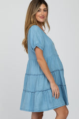 Blue Chambray Button Front Tiered Maternity Dress