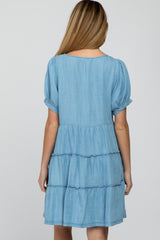 Blue Chambray Button Front Tiered Maternity Dress