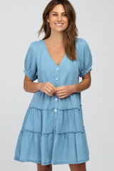 Blue Chambray Button Front Tiered Dress