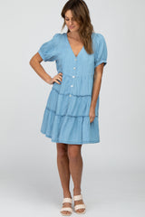 Blue Chambray Button Front Tiered Dress