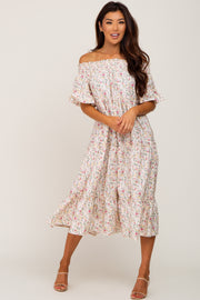 Cream Floral Off Shoulder Tiered Midi Dress