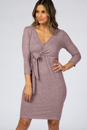 Mauve Brushed Knit Wrap Fitted Dress