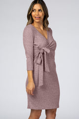 Mauve Brushed Knit Wrap Fitted Dress