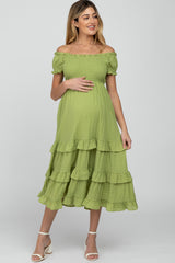 Green Smocked Ruffle Maternity Midi Dress