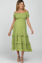 Green Smocked Ruffle Maternity Midi Dress