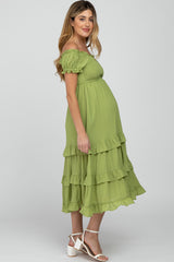 Green Smocked Ruffle Maternity Midi Dress