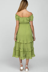 Green Smocked Ruffle Maternity Midi Dress