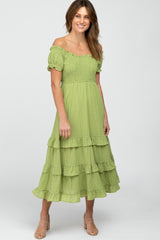 Green Smocked Ruffle Midi Dress