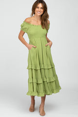 Green Smocked Ruffle Midi Dress