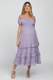 Lavender Smocked Ruffle Maternity Midi Dress