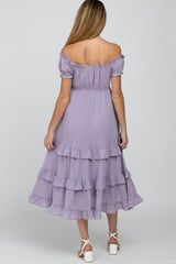 Lavender Smocked Ruffle Maternity Midi Dress