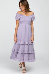 Lavender Smocked Ruffle Maternity Midi Dress