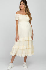 Ivory Smocked Ruffle Maternity Midi Dress