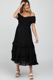 Black Smocked Ruffle Maternity Midi Dress