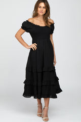 Black Smocked Ruffle Maternity Midi Dress