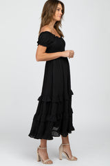 Black Smocked Ruffle Midi Dress