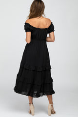 Black Smocked Ruffle Midi Dress