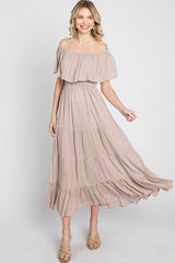 Taupe Off Shoulder Tired Maxi Dress