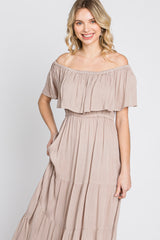 Taupe Off Shoulder Tired Maxi Dress