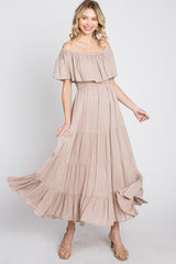 Taupe Off Shoulder Tired Maxi Dress