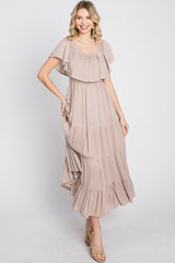 Taupe Off Shoulder Tired Maxi Dress