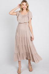 Taupe Off Shoulder Tired Maxi Dress