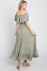 Light Olive Off Shoulder Tired Maxi Dress