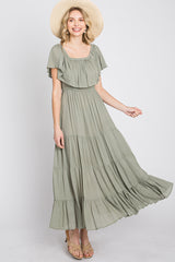 Light Olive Off Shoulder Tired Maxi Dress