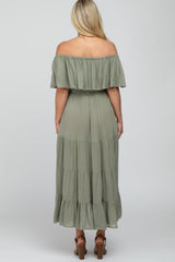 Light Olive Off Shoulder Tiered Maternity Maxi Dress