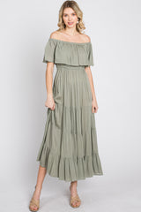 Light Olive Off Shoulder Tired Maxi Dress