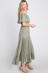 Light Olive Off Shoulder Tired Maxi Dress