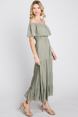 Light Olive Off Shoulder Tired Maxi Dress