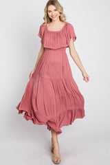 Mauve Off Shoulder Tired Maxi Dress