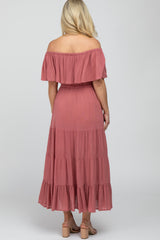 Mauve Off Shoulder Tiered Maternity Maxi Dress