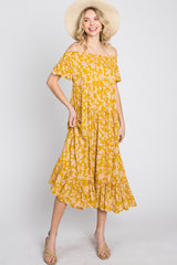 Yellow Floral Off Shoulder Tiered Dress