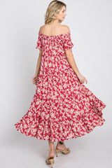 Red Floral Off Shoulder Tiered Dress