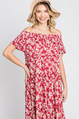 Red Floral Off Shoulder Tiered Dress