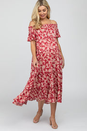 Red Floral Off Shoulder Tiered Maternity Dress