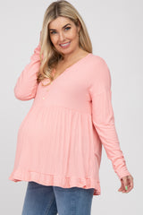 Pink Button Accent Long Sleeve Maternity Top