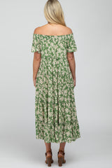 Green Floral Off Shoulder Tiered Maternity Dress